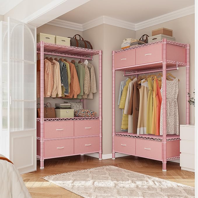 Raybee Clothes Rack with Drawers, 35" W Pink Clothing Rack Load 450LBS for Bedroom Apartment Dorm, Heavy Duty Metal Portable Closet with Adjustable Shelves, Multi-Function, Easy Assembly