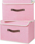 ANMINY 2PCS Storage Bins with Lid PU Leather Handles Storage Boxes PP Plastic Board Decorative Foldable Lidded Cotton Linen Fabric Home Cubes Baskets Closet Organizer Containers - Pink, Large Size