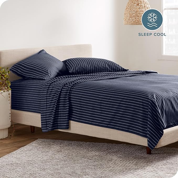 Bare Home Queen Sheet Set - Luxury 1800 Ultra-Soft Microfiber Bed Sheets - Double Brushed - Deep Pockets - Easy Fit - 4 Piece Set - Bed Sheets (Queen, Pinstripe - Midnight/White)