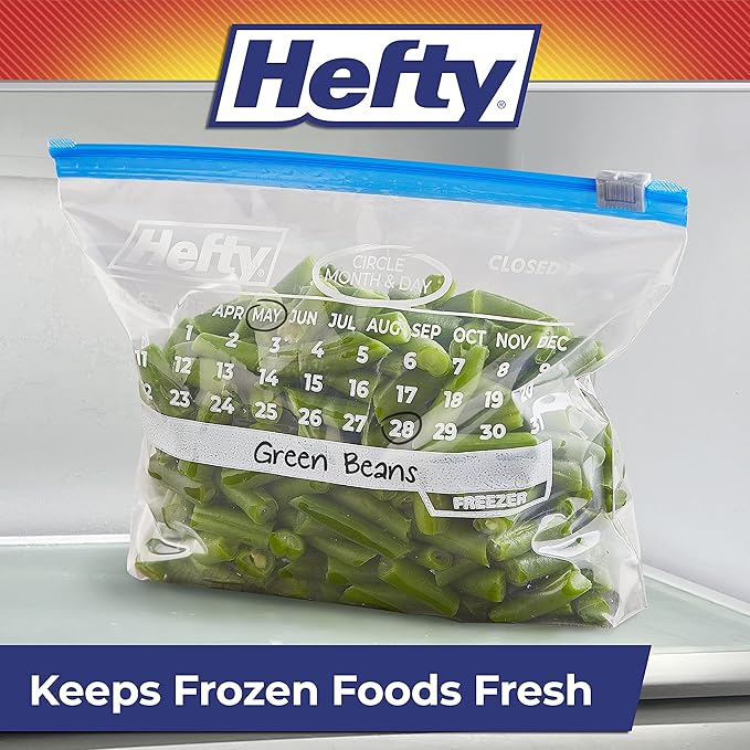 Hefty Calendar Slider Quart Freezer Bags, 140 Count, Quart Slider Bags for Freezer with Calendar Dates, Holds Raw Meat, Fruits, Veggies, and More, Secure Zip and Click Closure