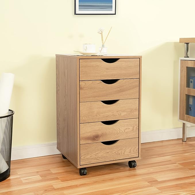 Naomi Home 5-Drawer Rolling Chest, Natural, Smart Storage with Metal Slide Glides & Smooth Wheels, Compact Space-Saver, Easy Assembly, Durable Engineered Wood