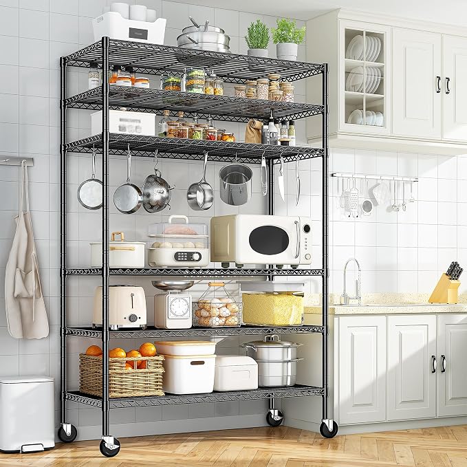 Romorgniz 82" H X45 W X18 D Storage Shelves with Wheels, 6 Tier Wire Shelving Adjustable Metal Shelving Pantry Shelves Capacity 1200LBS for Garage, Pantry, Kitchen, Closet,Black,3P