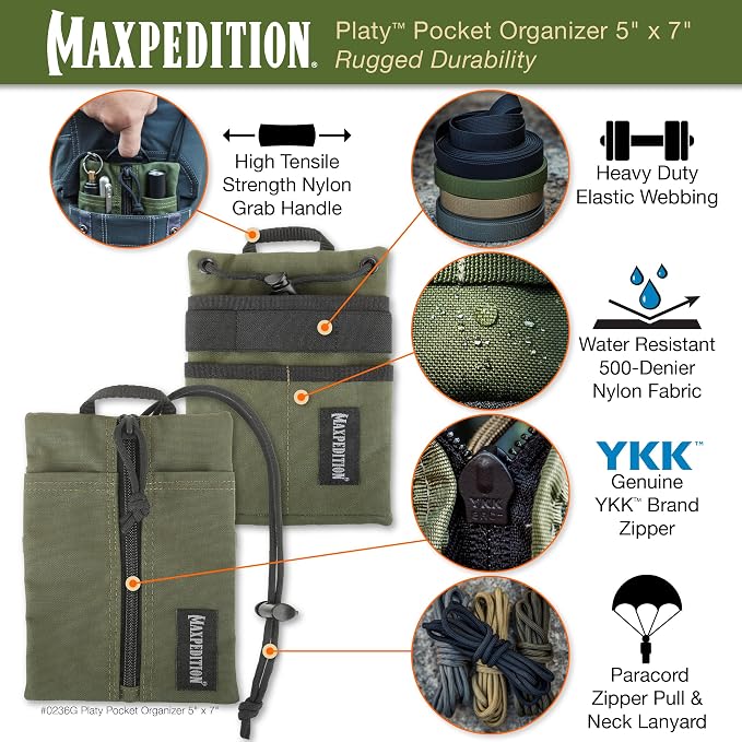 MAXPEDITION Platy Pocket Organizer, Durable EDC Tool Pouch for Men, Neck Wallet with Paracord Lanyard, Holds Flashlight, Multitool, Pen, Notebook