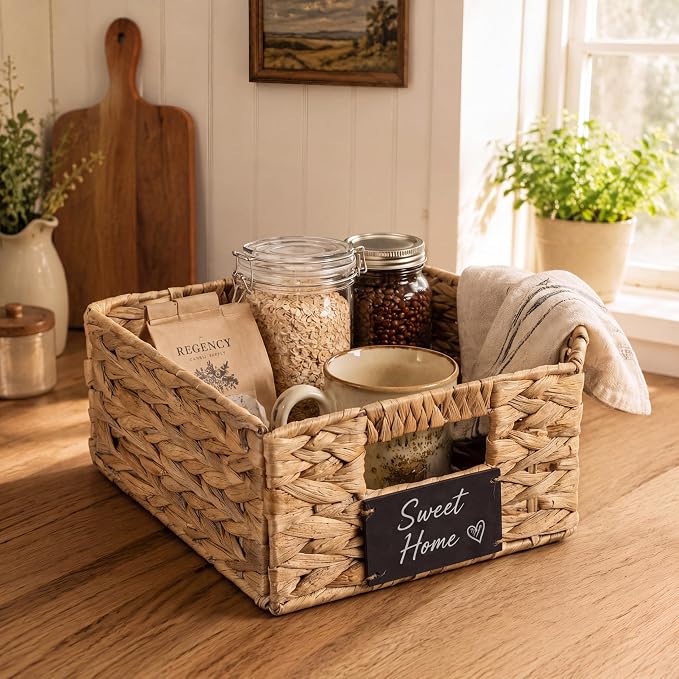 Nitial Wicker Storage Basket, Rectangular Water Hyacinth Storage Basket for Shelving, Foldable Woven Pantry Organizer with Chalkboard Label and Chalk Marker (12 x 9 x 5 Inch,Natural)