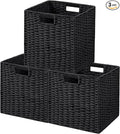 UBBCARE 3 Pack Wicker Basket, 11L×11H×10.5W inch Woven Paper Rope Storage Baskets for Shelves, Foldable Cube Storage bin with Handle, Storage Basket for Organizing & Decor, Black
