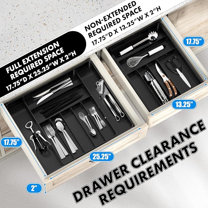 Simple Houseware Expandable Kitchen Drawer Flatware Organizer, Black | Expandable Kitchen Drawer Flatware Organizer, Black – Adjustable Cutlery Tray with 9 Compartments for Utensils and Silverware