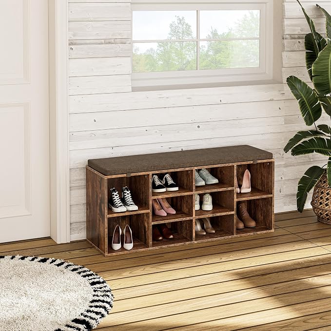 41" Shoe Storage Bench with Cushion, Entryway Shoe Rack with 10 Cubbies, Multifunctional Shoe Organizer Bench for Hallway, Bedroom, Living Room, Brown