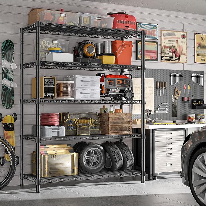 REIBII 1984LBS Heavy Duty Wire Shelving Unit with Wheels, 75.2" H Storage Shelves, 5 Tier Adjustable Metal Shelving for Pantry Kitchen Garage,No-Tools Installation, 75.2" H x 35.5" W x 16" D, Black