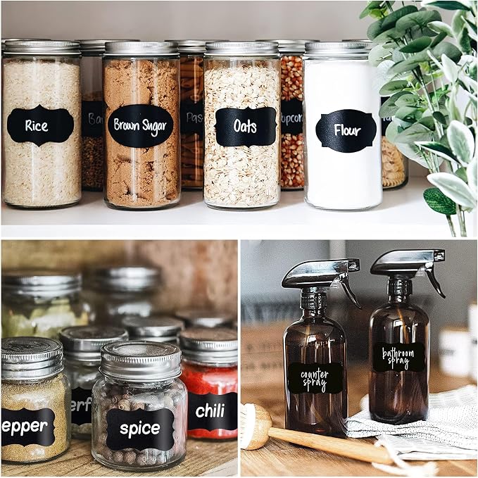 Chalkboard Labels, 120 Pcs Black Reusable Waterproof Labels Stickers, Kitchen Pantry Sticker for Containers, Mason Jars, Condiments, Food Storage (Oval)