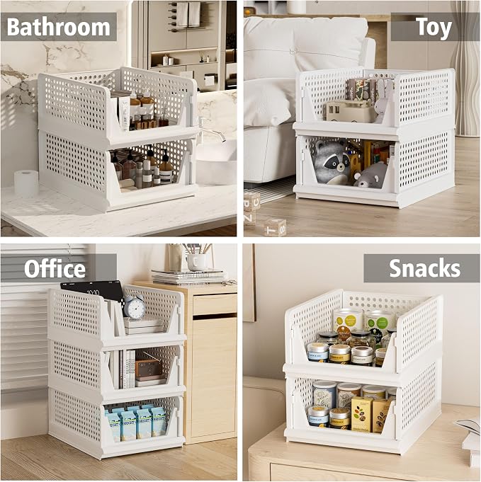 Proarea Stackable Closet Storage Bins, 5 Pack Closet Organizers and Storage, Open Front Plastic Shelf Baskets, Foldable Organizer Bins for Clothes, Towels and Linens, White