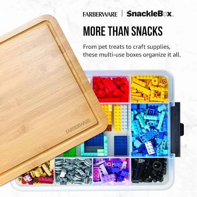 Farberware Snacklebox 7.8 x 12.7 Inch Plastic Cutting Board Lid with 7 Compartments and Locking Handles - Portable Snack Organizer for Charcuterie, Travel, Picnics, and On-the-Go Snacking