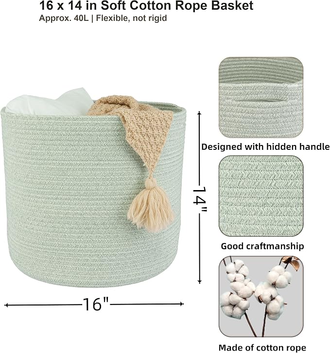 XUANGUO Cotton Rope Woven Basket, 16x14 in Kids Laundry Basket, light green | Round blanket basket and small laundry basket; baby hamper or nursery storage bin for girls, boys, toys, clothes and shoes