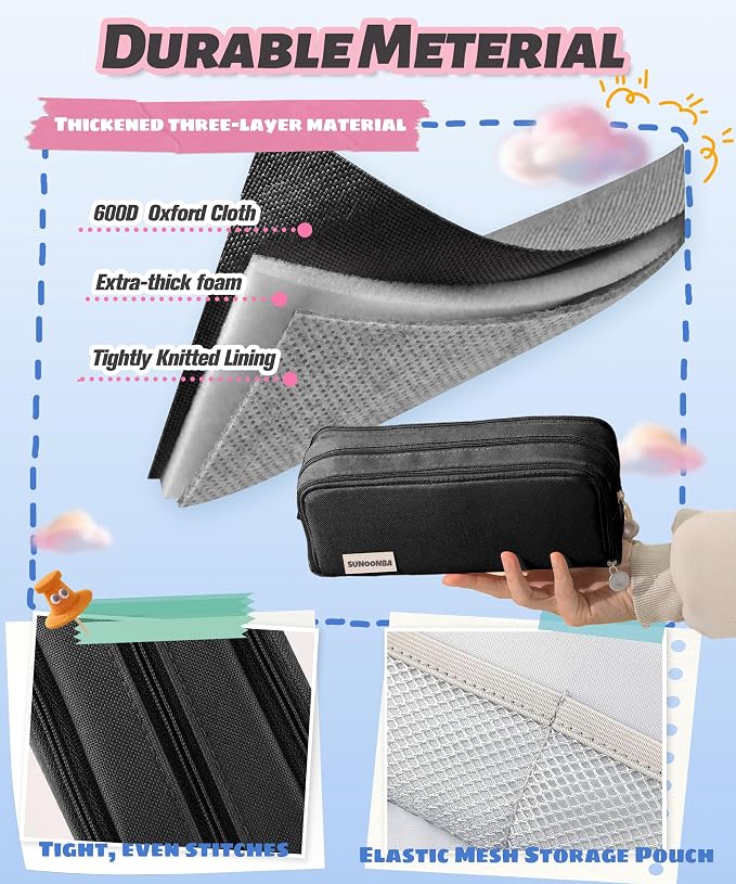 FAHZON Cute Pencil Case, 3 Large Compartments Pencil Pouch, Elastic Pen Slots&Mesh Pockets for Stationery, Pencil Bag for School Supplies with Zipper for Girls Boy Women Teens Adults-Black