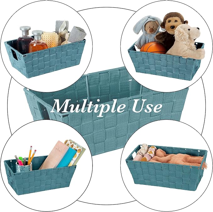 Simplify Small Shelf Woven Strap Tote | Decorative Storage Basket | Built in Handles | Organization | Closet | Bedroom | Bathroom | Nursery | Accessories | Toys | Gifts | 4 Pack | Sapphire