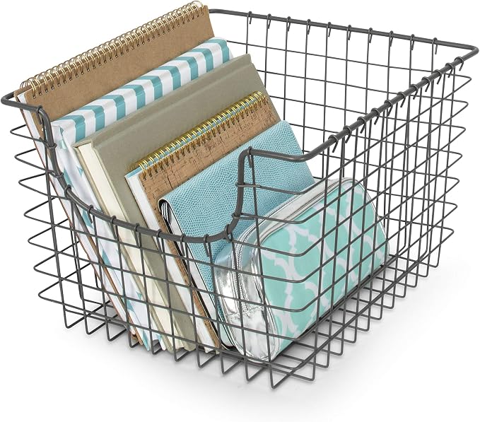 Spectrum Wire Scoop Basket Storage Bin Industrial Gray Nesting Metal Baskets Pack of 2 for Kitchen Pantry Closet Bathroom Garage Organization, Heavy Duty Wire Basket Organizer for Storage Decor