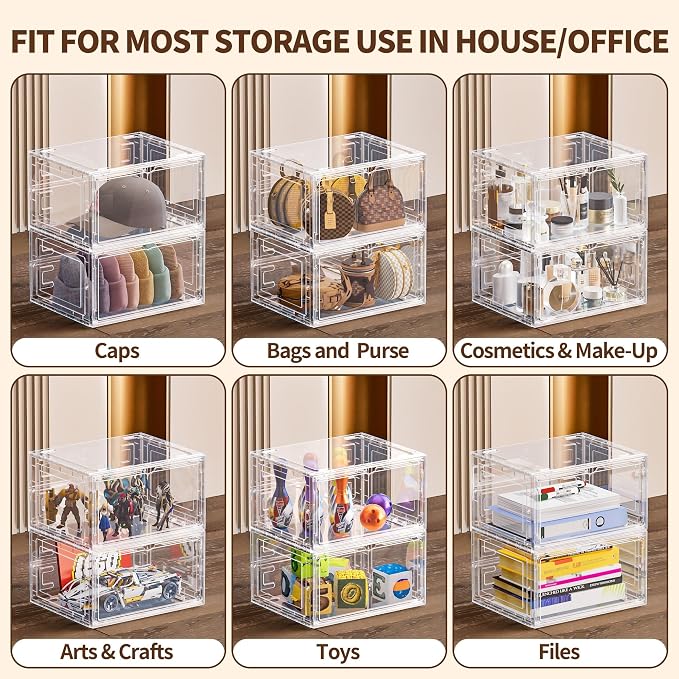 6 Pack Hard Plastic Clear Shoe Storage Organizer Boxes, White | Heavy Load Up to 80lb,Acrylic Magnetic Door,Stackable,Easy to Assemble,Dust-free,for Closet,Entryway,Under Bed,Small Space