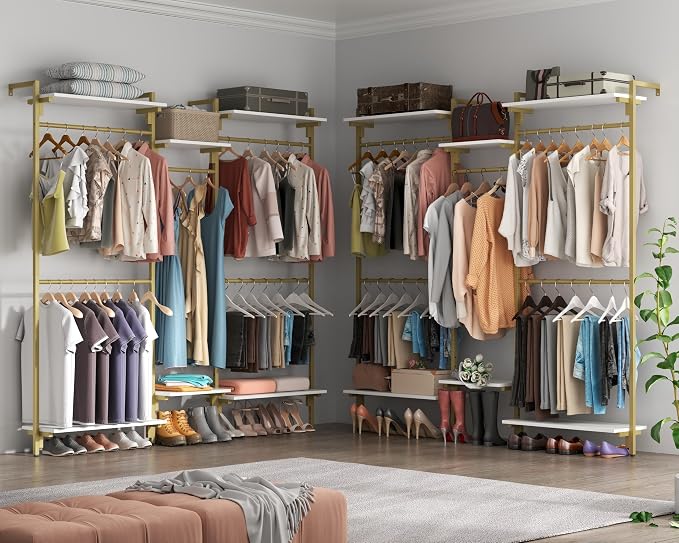 Auromie Gold Wall Mounted Clothing Rack with 5 Hanging Rods, Clothes Rack with Adjustable Shelves, Closet Storage Organizer System Kit, Heavy Duty Garment Rack with Metal Frames (80.71" L*78.74" H)