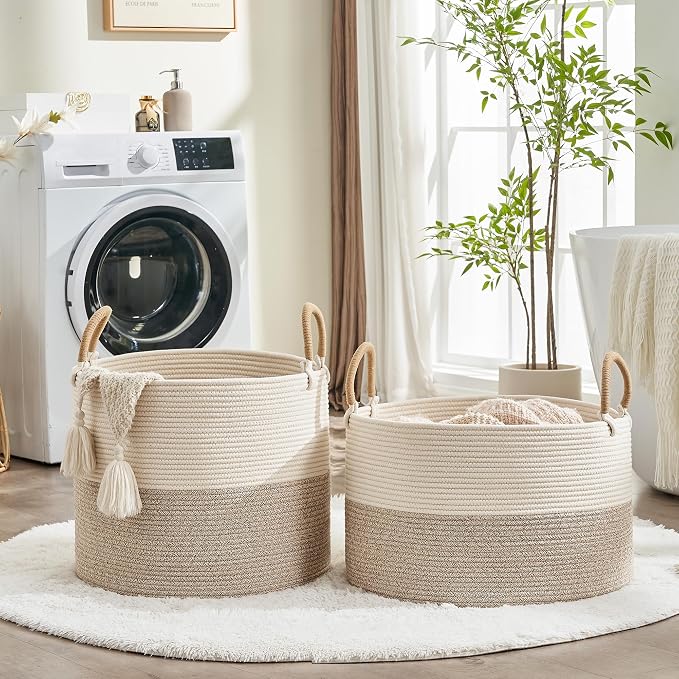 KAKAMAY Large Blanket Basket 20"x13", Cotton Rope Woven Laundry Storage Basket, Baskets for Toy,Stuffed Animal Storage, Dog,Toy Box, Gift Basket for Living Room Nursery Baby Hamper (Beige)