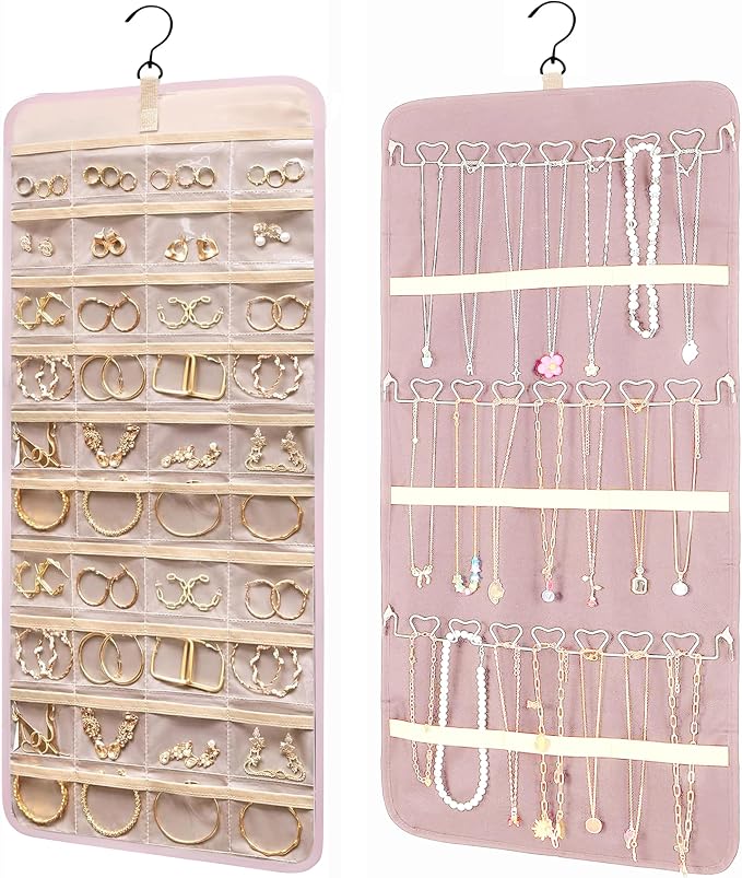 Hanging Jewelry Organizer Storage Roll with Hanger Metal Hooks Double-Sided Jewelry Holder for Earrings, Necklaces, Rings on Closet, Wall, Door,Large 14.17' x 33.07'',pink