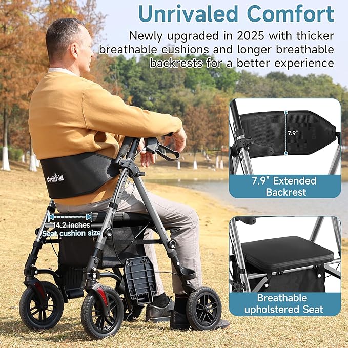 Walkers for Seniors, 2 in 1 Rollator Wheelchairs Combo 10" Big Wheels Walker with Seat, Rollator Transport Chair with Brakes Folding Rolling Walker for Adults, Grey