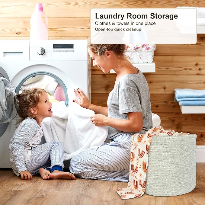 XUANGUO Cotton Rope Woven Basket, 16x14 in Kids Laundry Basket, light green | Round blanket basket and small laundry basket; baby hamper or nursery storage bin for girls, boys, toys, clothes and shoes