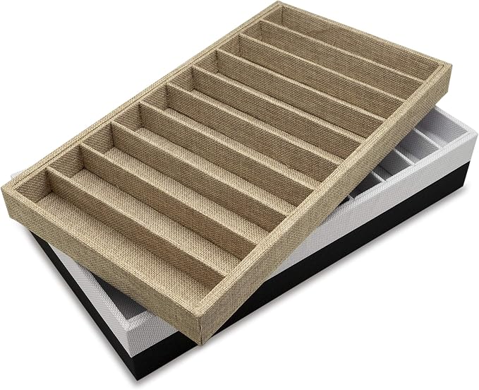 The Display Guys - Stackable Jewelry Tray and Organizer - for Drawers, Dressers, Store Display (10 Compartments, Beige Burlap)