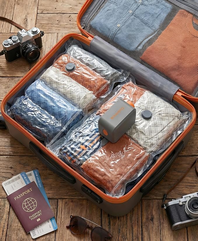 9pcs Vacuum Seal Bags for Clothing Travel, Cordless Pump, Carry-on Size Compression Packing Bags, 4000Pa Suction & 2400mAh Battery, Vacuum Storage Bags for Clothes, Luggage, Suitcase, Space Saver