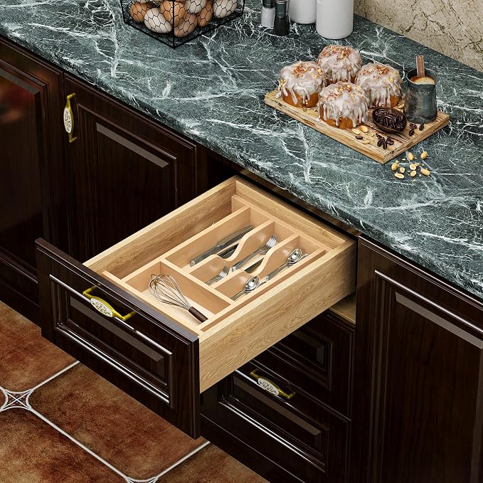 Clikuutory Natural Birch Wood Utensil Drawer Insert Organizer with 7 Compartments, Space-Saving Sturdy Drop-In Cutlery Divider Tray, Kitchen Cabinet Storage for Silverware, Spoons, Forks and Knives