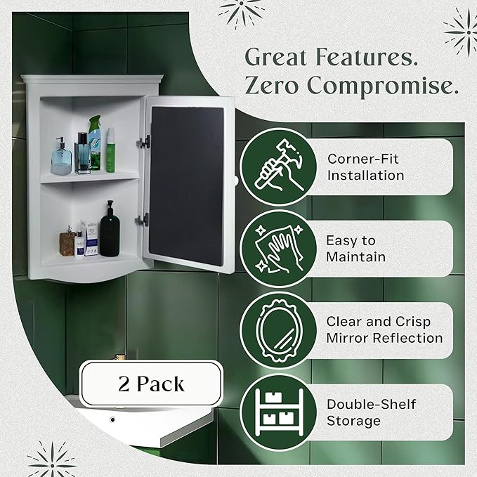 Renovators Supply Corner Medicine Cabinet with Mirror - Wall Mount Wooden Bathroom Medicine Cabinet - Double Shelf Storage Cabinet with Hardware - Hanging Bathroom Cabinet - White, Pack of 2