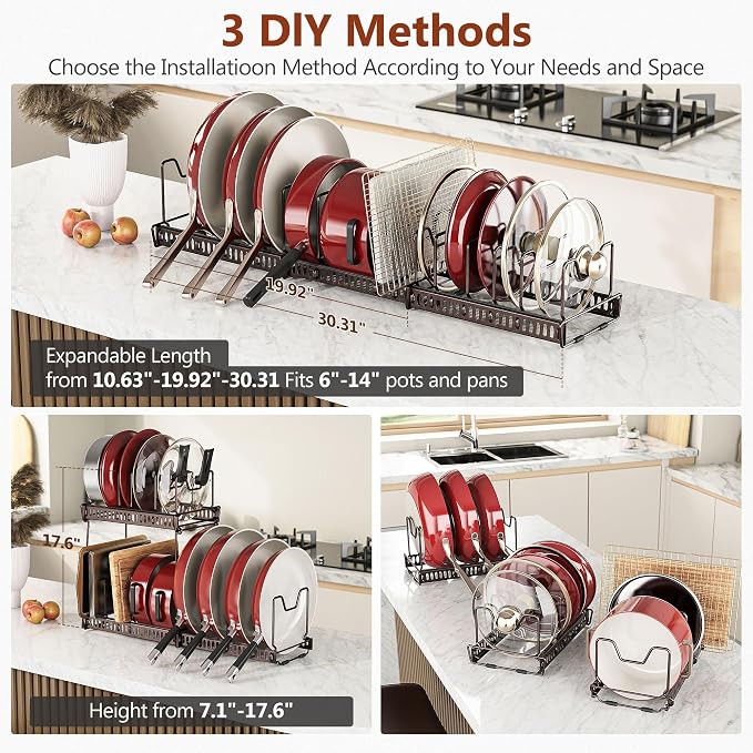 3 Pack Expandable Pan Organizer for Cabinet,Pot Lid Holder Rack with 14 Adjustable Compartment for Kitchen Cabinet Cookware Baking Frying Rack, Bronze