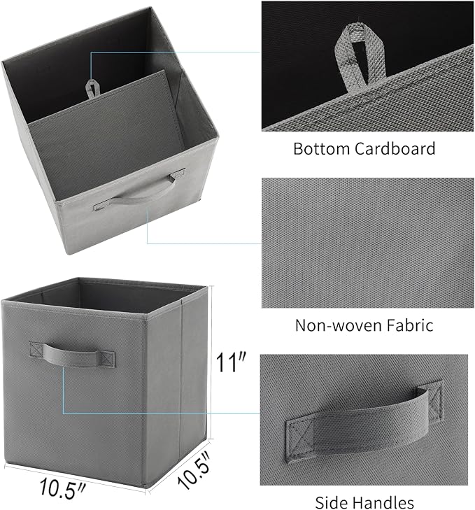 MAX Houser 6 Pack Foldable Fabric Storage Bins with Handles - Ideal for Closet Organization, Bedroom (Grey, 10.5"x10.5"x11")