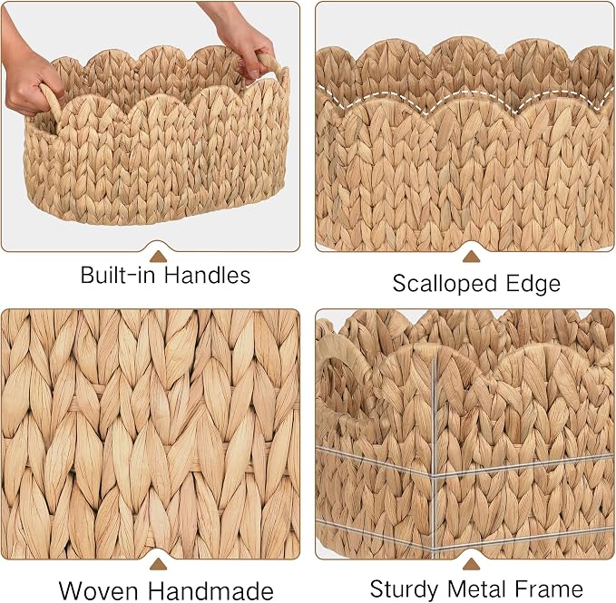 iEGrow Scalloped Wicker Basket, Set of 2 Hand-Woven Natural Rattan Baskets with Built-in Handles, Water Hyacinth Storage Oval Cute Baby Baskets for Nursery, Organizing, Decor and Shelves