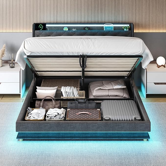 Ailisite Lift Up Storage Queen Bed, Upholstered Platform Bed with Button Tufted Wingback Storage Headboard, Bed Frame Queen Size with Led Lights and Charging Station, No Box Spring Needed, Grey