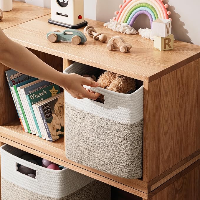 UBBCARE Set of 4 Storage Basket-12 X 12 X 12 in, Cotton Rope Basket for Shelves, Toys, Book, Cube Storage Bins with Handles, Woven Storage Basket for Organizing, White Brown
