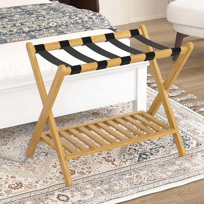 Luggage Racks Set Of 2 Suitcase Stand Foldable With Storage Shelf For Guest Room Hotel Essentials Solid Bamboo Heavy-Duty Item Holder Natural