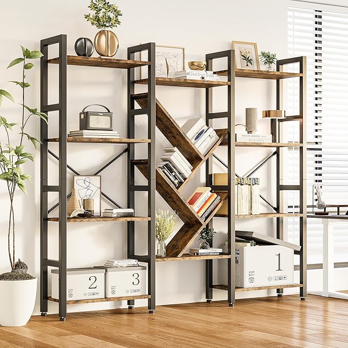 INNOD Triple 4 Tier Book Shelf, Large Industrial Bookcase with Storage Cabinet, Tall Bookshelf with Open Display Shelves Furniture for Living Room Bedroom Home Office Rustic Brown