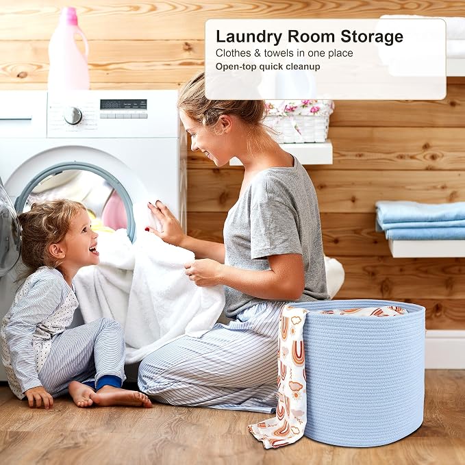 XUANGUO Cotton Rope Woven Basket, 16x14 in Kids Laundry Basket, blue | Round blanket basket and small laundry basket; baby hamper or nursery storage bin for girls, boys, toys, clothes and shoes