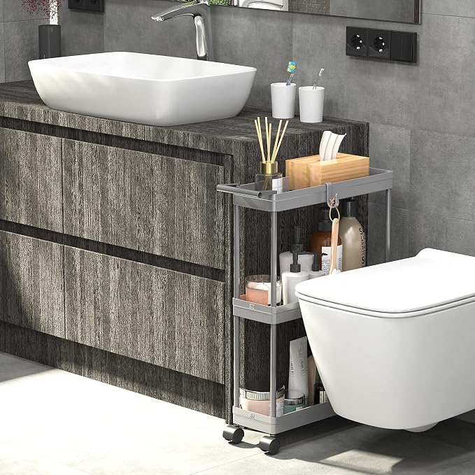 Simple Houseware 3-Tier Slim Rolling Cart w/Handle 5.5" Wx27.5 H, Gray | Storage Cart for Narrow Space (5.5-Inch Wide) Kitchen, Bathroom, Laundry Room