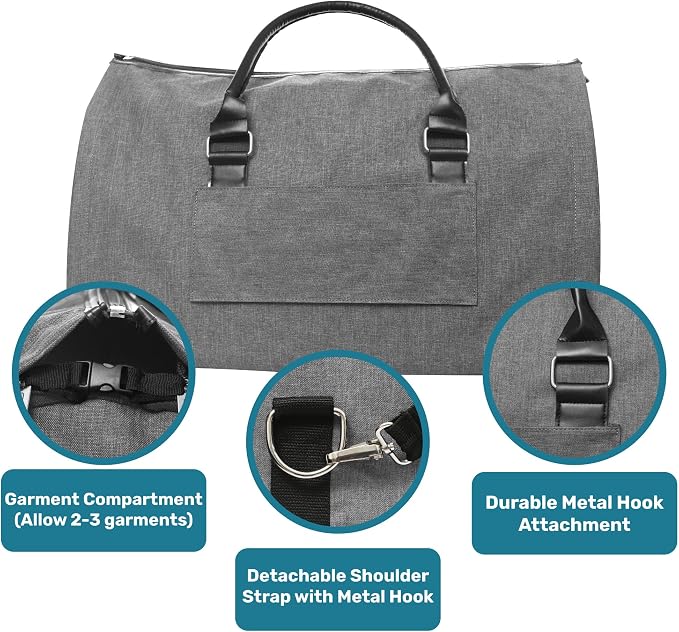 Convertible Garment Duffel Bag for Travel, Large Carry On Weekender Bag with Hanging Clothes Feature, Overnight Travel Duffle Bag for Women with Shoe Compartment (Gray)