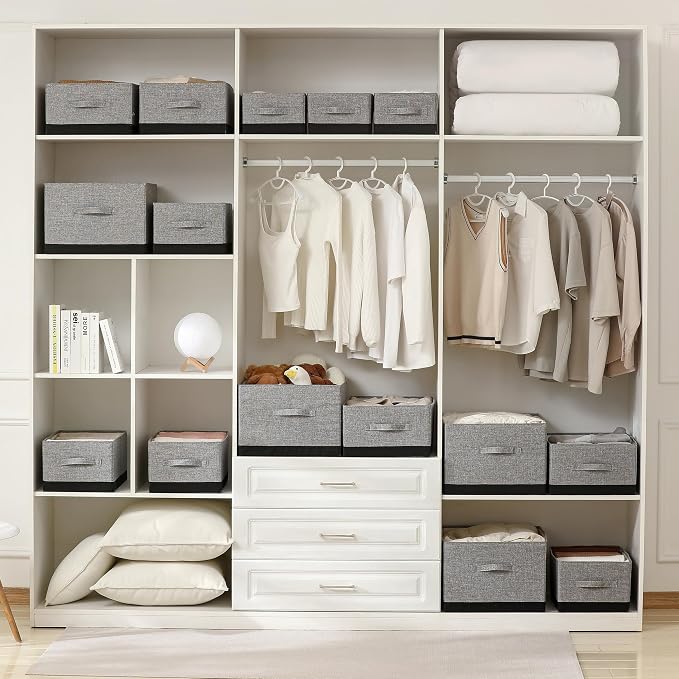 Linen Folding Storage Bins, 3 Pack Large Storage Baskets, Washable, Clothing Storage Bins with Handle, Closet Organizer for Storage Sweater,Sheets (gray black, 18½"x11"x8½")