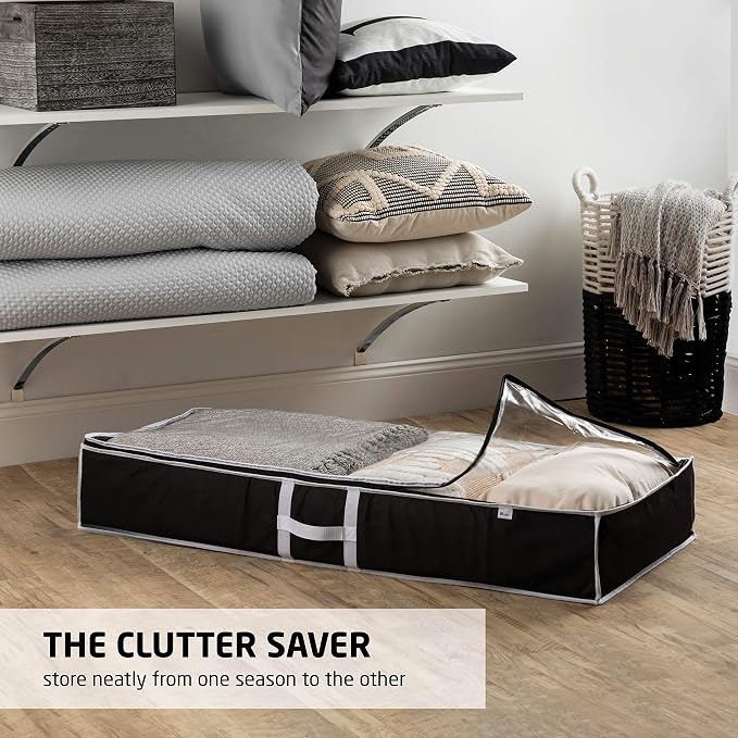 Zober Under Bed Storage - Pack of 2 Storage Containers for Clothes, Blankets, Winter Clothing, & Shoes - With Handles, Dual Zippers, & Clear Top (Black)