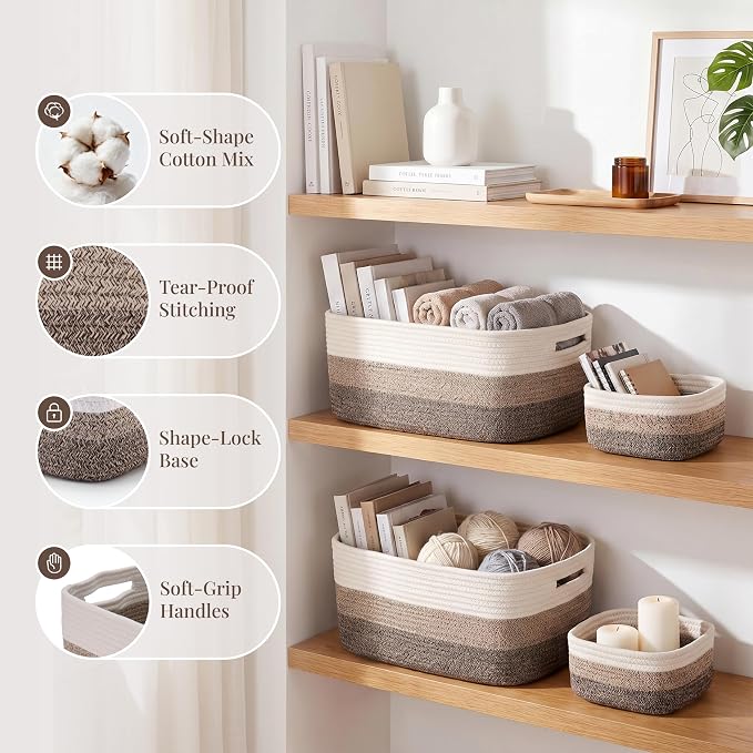 4-Pack Large Woven Rope Storage Baskets, 2 Sizes Organizer Bins | Fabric Cube Boxes and Rectangular Shallow Bins for Closet, Shelf, Bookshelf, Nursery, Changing Table, Bathroom, Toys & Home