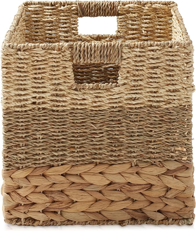 Casafield 12" x 12" Mixed Weave Storage Baskets, Natural - Set of 4 Woven Hyacinth Seagrass Wicker Storage Cube Bins for Bathroom, Bedroom, Laundry, Pantry, Shelves