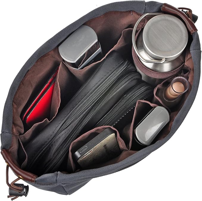Vercord Canvas Handbag Organizers, Sturdy Purse Insert Organizer Bag in Bag, 10 Pockets Grey Large