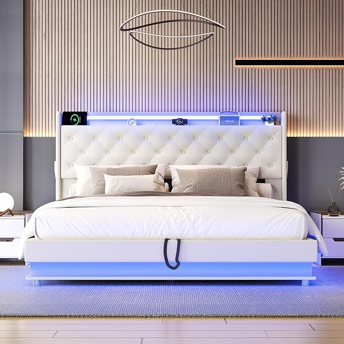 Ailisite Queen Size Lift Up Storage Bed, Upholstered Platform Bed with Button Tufted Wingback Storage Headboard, Bed Frame Queen Size with Led Lights and Charging Station, No Box Spring Needed, Beige | Lift up Storage, breathable material, with led lig...