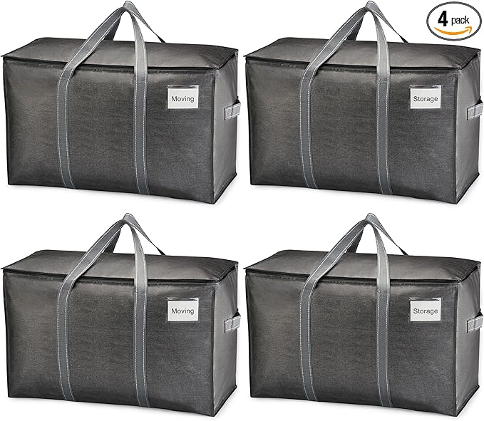 VENO 4 Pack Heavy Duty Moving Bags, Extra Large Storage Bags with Reinforced Handles & Strong Zippers, Foldable & Reusable Moving Box Alternative for Clothes & Dorm Storage