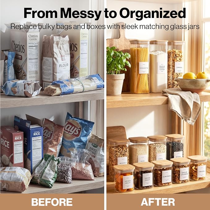 Glass Pantry Storage Jars Containers with Bamboo Lids and Labels - Set of 5 | Extra Thick Square Glass Canisters with Bamboo Wood Lids and 54 Pre-printed Pantry Labels keeps dry Goods Fresh and Organized