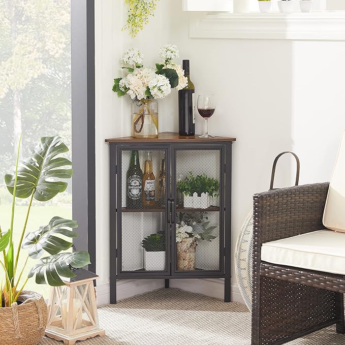 VECELO Corner Cabinet/Table, 3-Tier Display Shelves with Protection Door, Metal Frame Storage Shelf Organizer for Small Space, Living Room, Kitchen, Bathroom