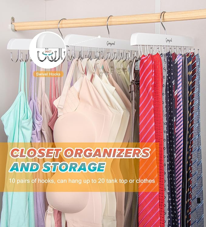 Gomyrod Tank Top Hanger, 2 Pack w/40 Hooks Bra Hanger for Closet Organizer | Premium Wood Space Saving Hanger, 360°Rotating Closet Organizers and Storage, Multi Hook Hanger for Dorm & Apartment, White