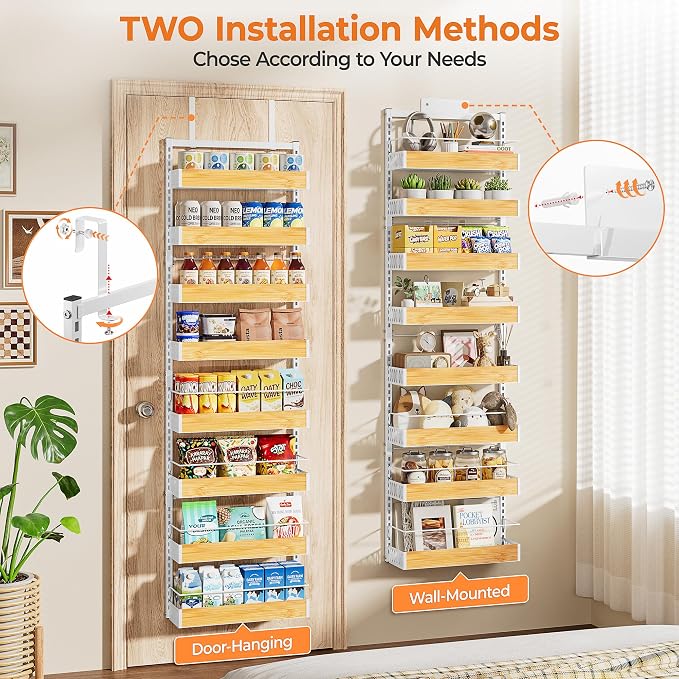 8-Tier White Door Mounted Hanging Spice Rack Shelves for Kitchen Home | Over-Door Pantry Organizer Spice Rack Back of Door Organizer and Storage with Anti-drop Rod & Adjustable Basket